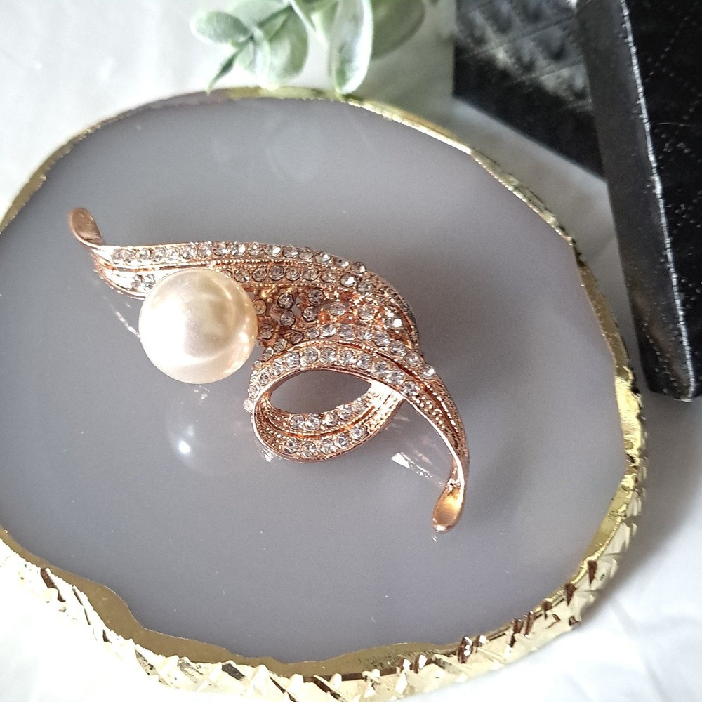 New‎ Boutique Rose Gold Pearl Crystal Ribbon Brooch Pin 3" Elegant Vintage Glam